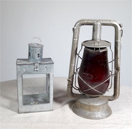 Vintage Monarch Oil Lamp and Galvanized Candle Lantern
